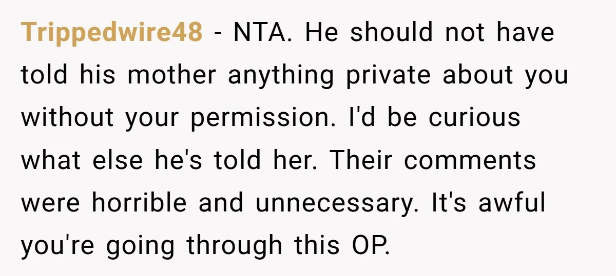 Trippedwire48 − NTA. He should not have told his mother anything private about you without your permission. I'd be curious what else he's told her. Their comments were horrible and...