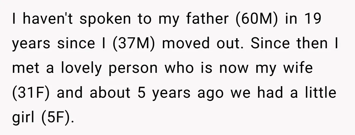 I haven't spoken to my father (60M) in 19 years since I (37M) moved out. Since then I met a lovely person who is now my wife (31F) and about...