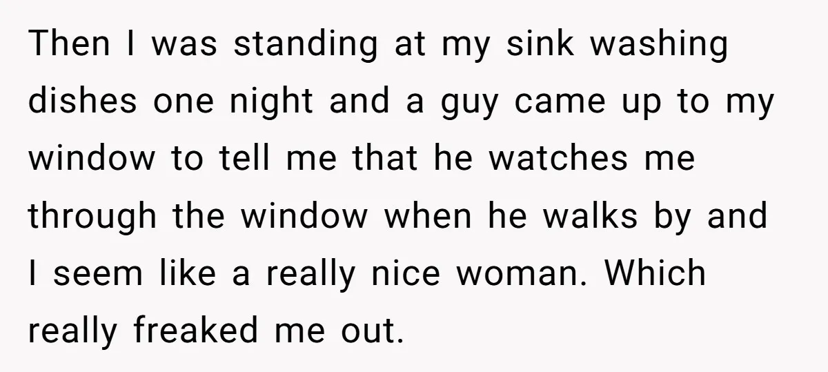 Then I was standing at my sink washing dishes one night and a guy came up to my window to tell me that he watches me through the window when...