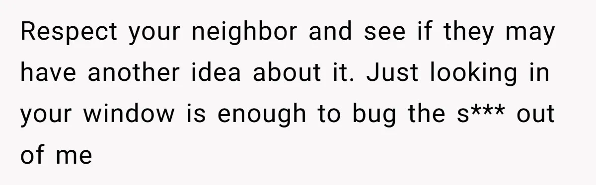 Respect your neighbor and see if they may have another idea about it. Just looking in your window is enough to bug the s*** out of me