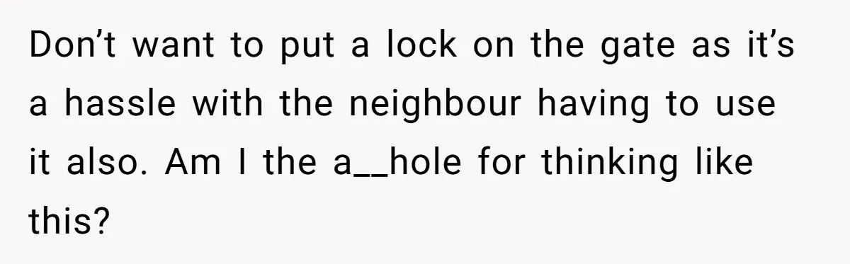 Don’t want to put a lock on the gate as it’s a hassle with the neighbour having to use it also. Am I the a__hole for thinking like this?