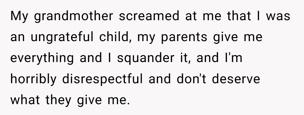 My grandmother screamed at me that I was an ungrateful child, my parents give me everything and I squander it, and I'm horribly disrespectful and don't deserve what they give...