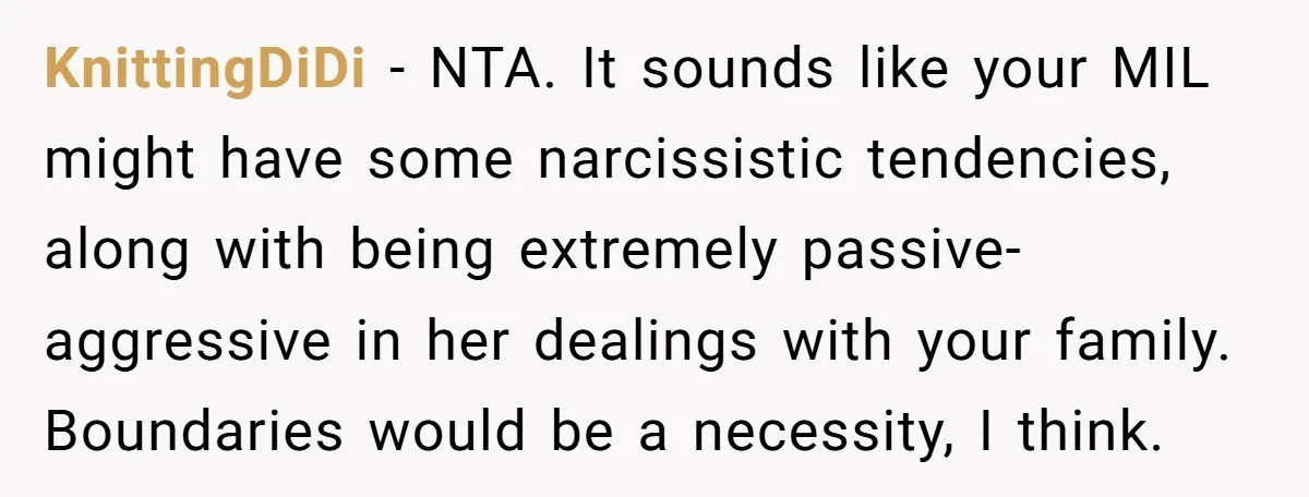 KnittingDiDi − NTA. It sounds like your MIL might have some narcissistic tendencies, along with being extremely passive-aggressive in her dealings with your family. Boundaries would be a necessity, I...