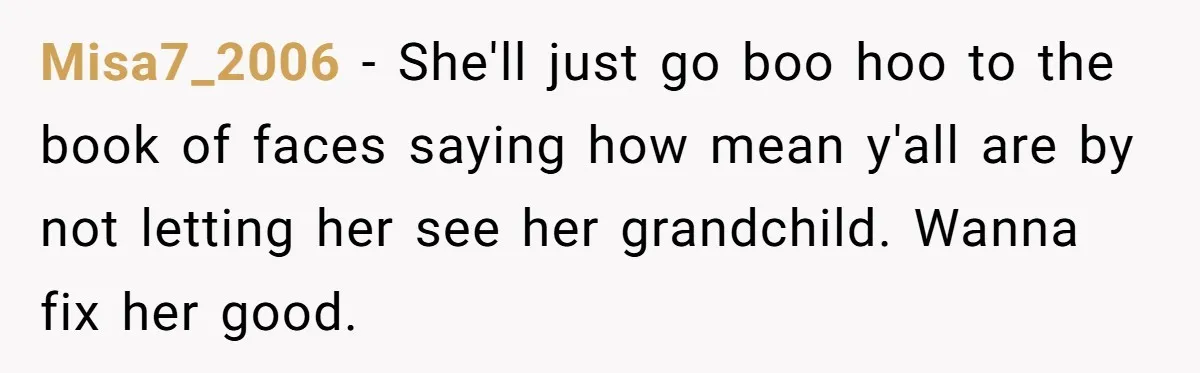 Misa7_2006 − She'll just go boo hoo to the book of faces saying how mean y'all are by not letting her see her grandchild. Wanna fix her good.
