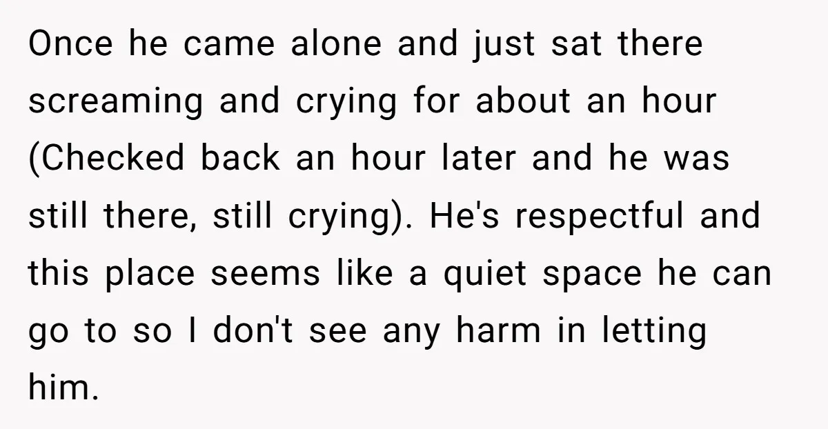 Once he came alone and just sat there screaming and crying for about an hour (Checked back an hour later and he was still there, still crying). He's respectful and...