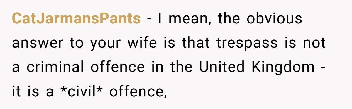 CatJarmansPants − I mean, the obvious answer to your wife is that trespass is not a criminal offence in the United Kingdom - it is a *civil* offence,