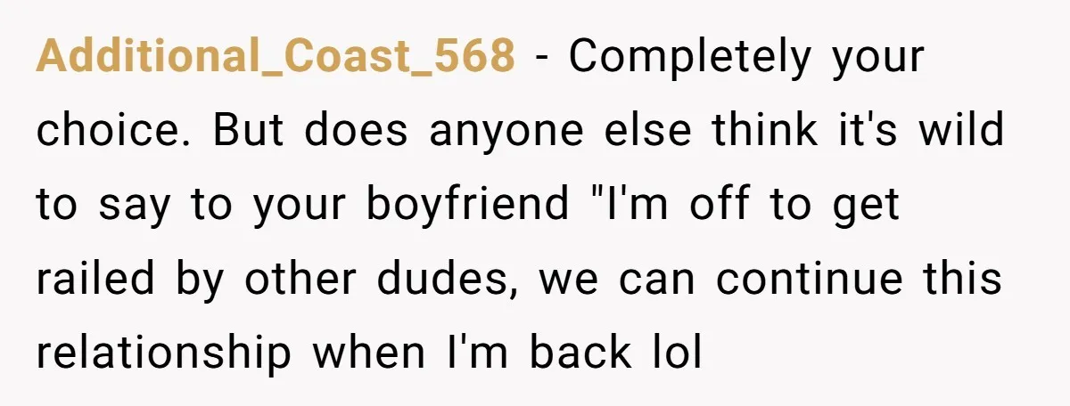 Additional_Coast_568 − Completely your choice. But does anyone else think it's wild to say to your boyfriend "I'm off to get railed by other dudes, we can continue this relationship...