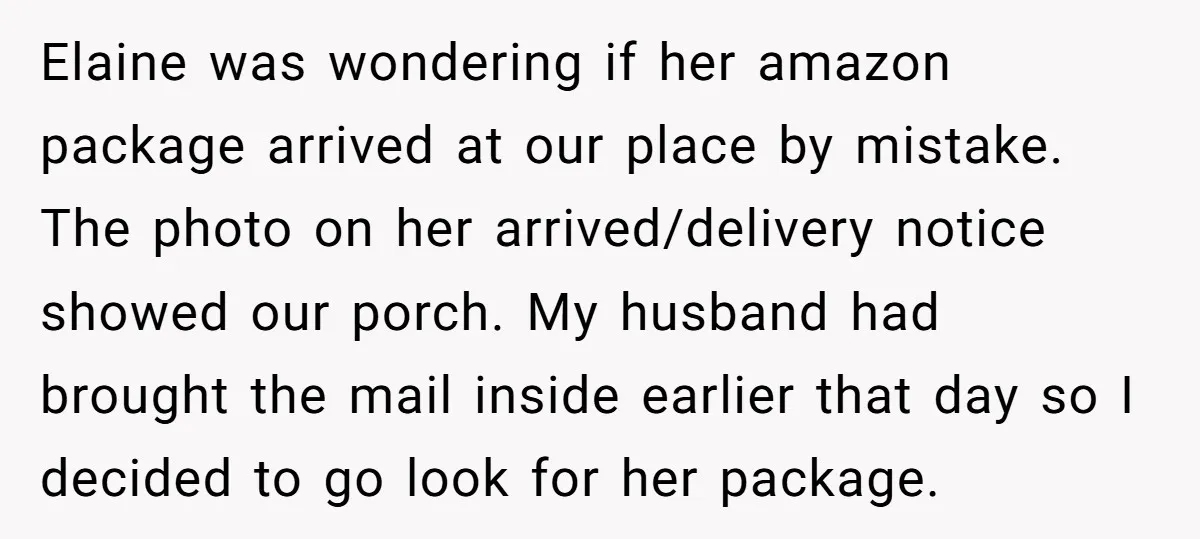 Elaine was wondering if her amazon package arrived at our place by mistake. The photo on her arrived/delivery notice showed our porch. My husband had brought the mail inside earlier...