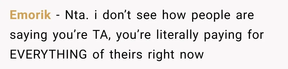 Emorik − Nta. i don’t see how people are saying you’re TA, you’re literally paying for EVERYTHING of theirs right now
