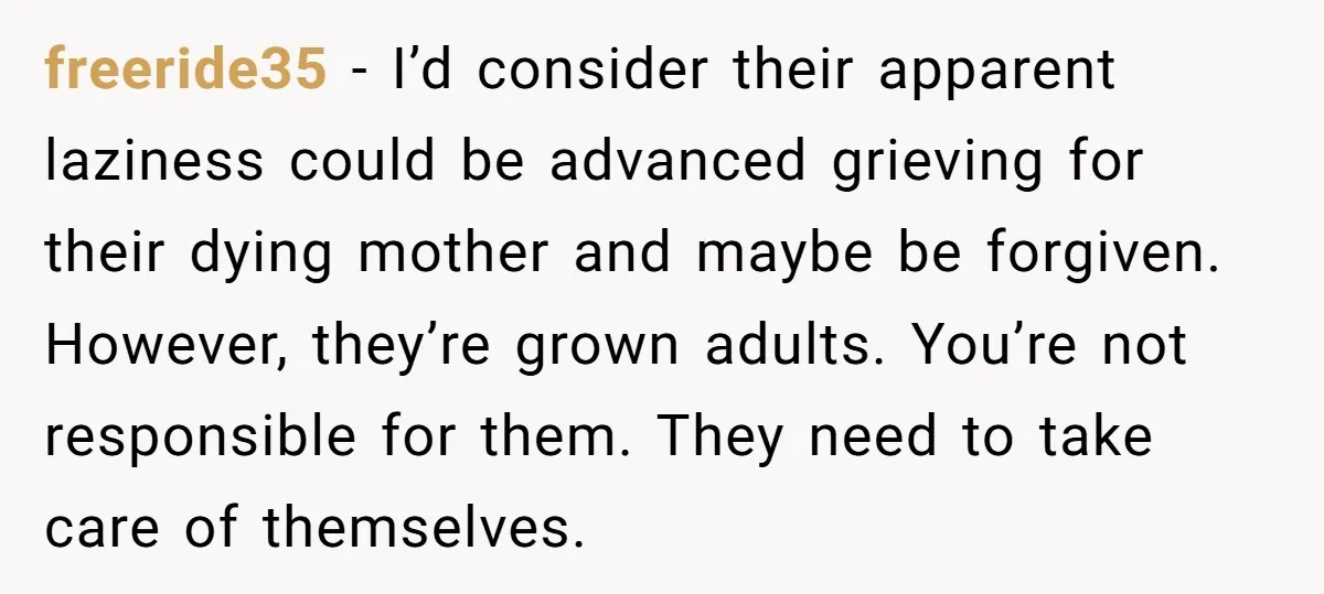 freeride35 − I’d consider their apparent laziness could be advanced grieving for their dying mother and maybe be forgiven. However, they’re grown adults. You’re not responsible for them. They need...