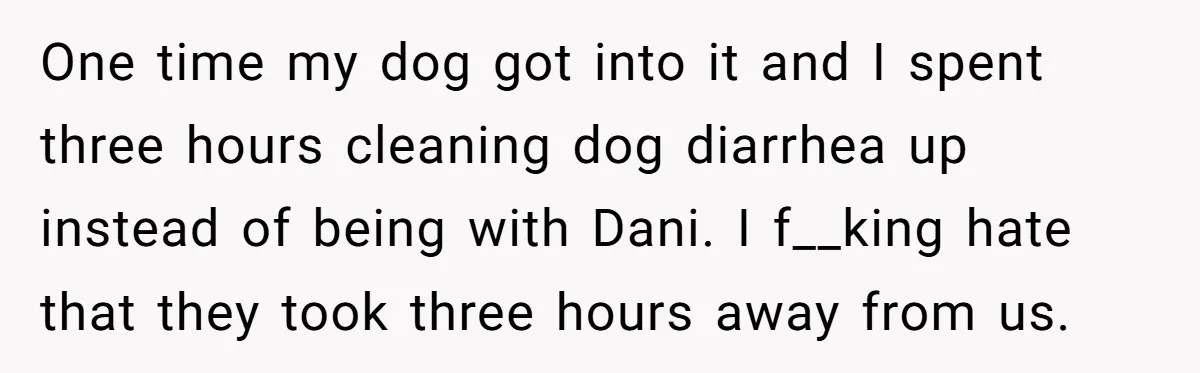 One time my dog got into it and I spent three hours cleaning dog diarrhea up instead of being with Dani. I f__king hate that they took three hours away...