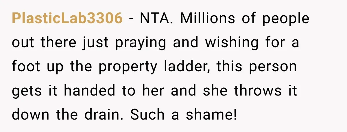 PlasticLab3306 − NTA. Millions of people out there just praying and wishing for a foot up the property ladder, this person gets it handed to her and she throws it...