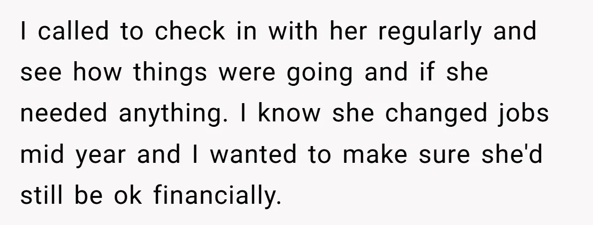 I called to check in with her regularly and see how things were going and if she needed anything. I know she changed jobs mid year and I wanted to...