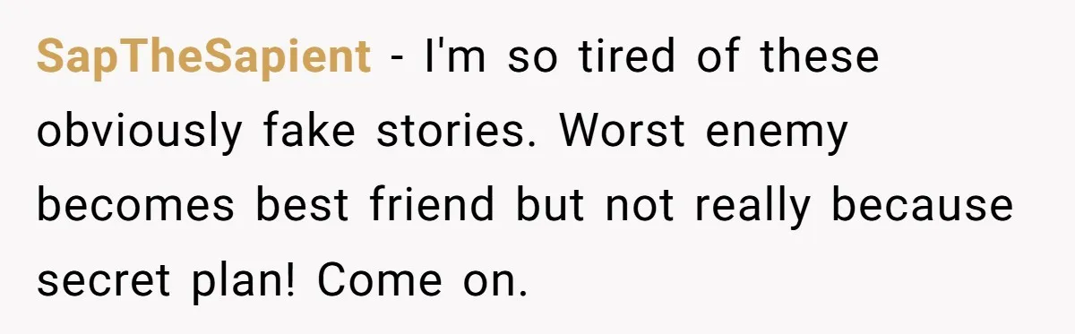 SapTheSapient − I'm so tired of these obviously fake stories. Worst enemy becomes best friend but not really because secret plan! Come on.