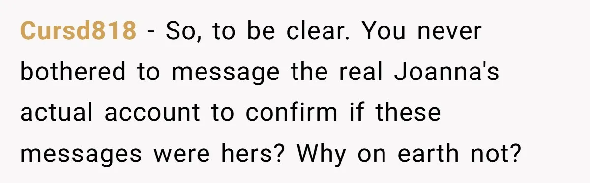 Cursd818 − So, to be clear. You never bothered to message the real Joanna's actual account to confirm if these messages were hers? Why on earth not?