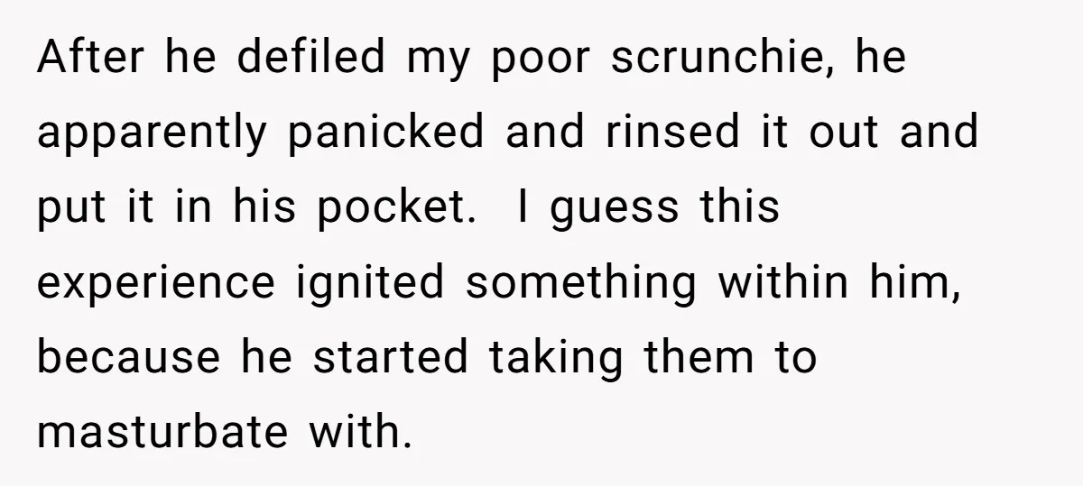 After he defiled my poor scrunchie, he apparently panicked and rinsed it out and put it in his pocket. I guess this experience ignited something within him, because he started...