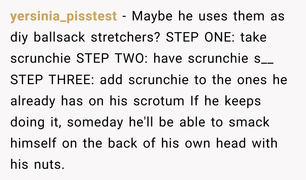 yersinia_pisstest − Maybe he uses them as diy ballsack stretchers? STEP ONE: take scrunchie STEP TWO: have scrunchie s__ STEP THREE: add scrunchie to the ones he already has on...