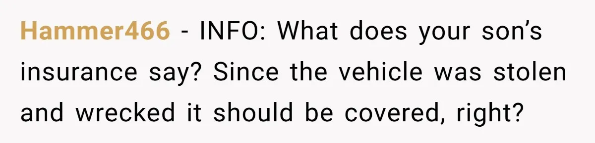 Hammer466 − INFO: What does your son’s insurance say? Since the vehicle was stolen and wrecked it should be covered, right?