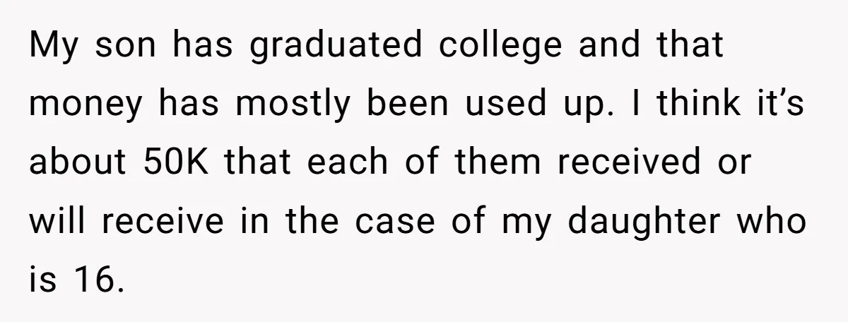 My son has graduated college and that money has mostly been used up. I think it’s about 50K that each of them received or will receive in the case of...