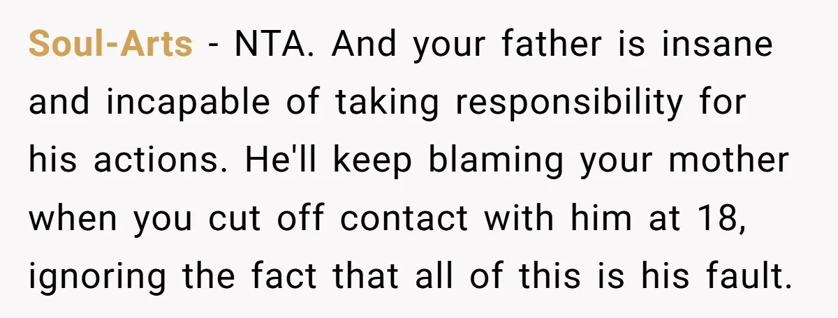 Soul-Arts − NTA. And your father is insane and incapable of taking responsibility for his actions. He'll keep blaming your mother when you cut off contact with him at 18,...