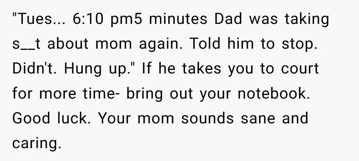 "Tues... 6:10 pm5 minutes Dad was taking s__t about mom again. Told him to stop. Didn't. Hung up." If he takes you to court for more time- bring out your...