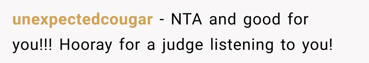 unexpectedcougar − NTA and good for you!!! Hooray for a judge listening to you!