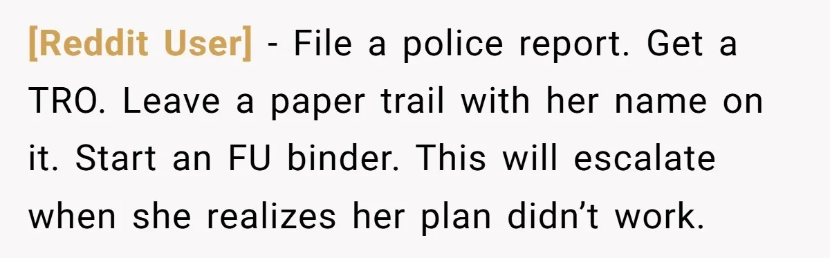 [Reddit User] − File a police report. Get a TRO. Leave a paper trail with her name on it. Start an FU binder. This will escalate when she realizes her...