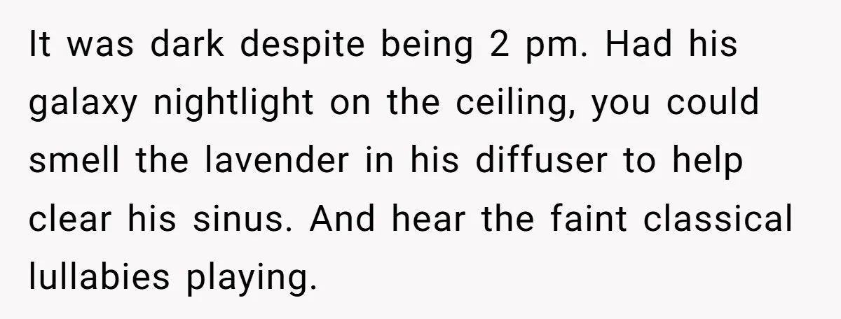 It was dark despite being 2 pm. Had his galaxy nightlight on the ceiling, you could smell the lavender in his diffuser to help clear his sinus. And hear the...