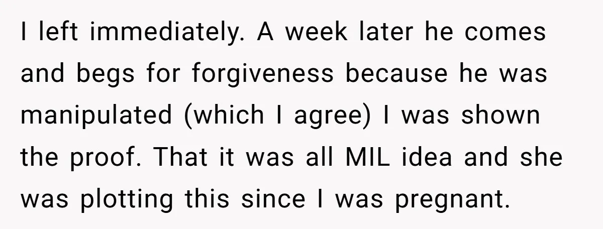 I left immediately. A week later he comes and begs for forgiveness because he was manipulated (which I agree) I was shown the proof. That it was all MIL idea...