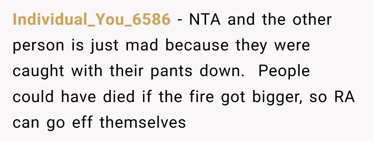 Individual_You_6586 − NTA and the other person is just mad because they were caught with their pants down. People could have died if the fire got bigger, so RA can...