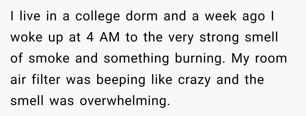 I live in a college dorm and a week ago I woke up at 4 AM to the very strong smell of smoke and something burning. My room air filter...