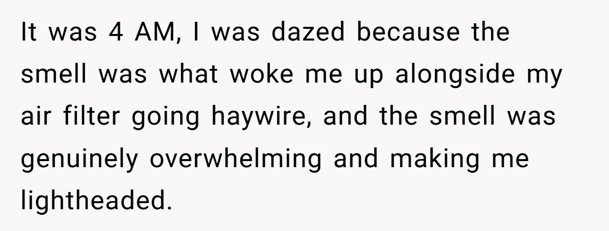 It was 4 AM, I was dazed because the smell was what woke me up alongside my air filter going haywire, and the smell was genuinely overwhelming and making me...