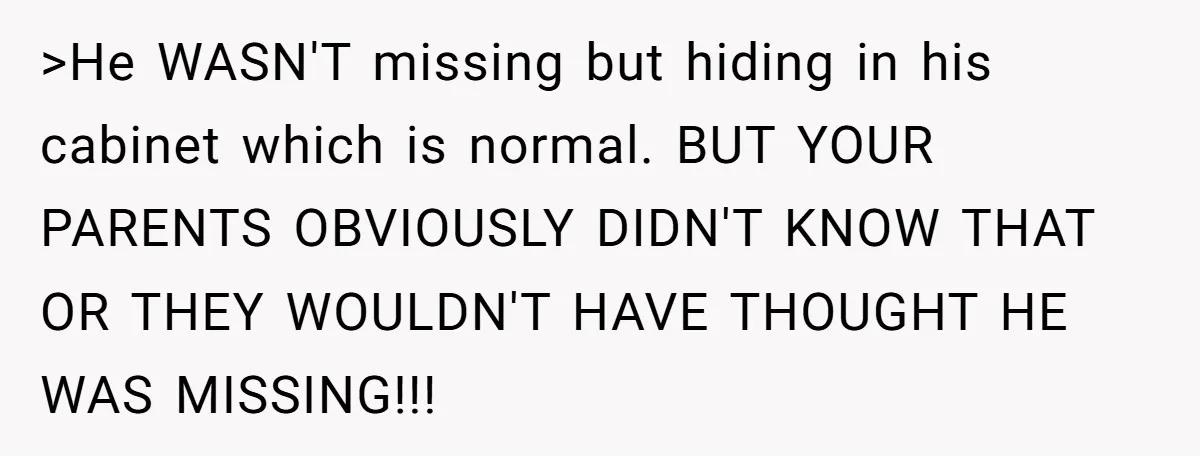 >He WASN'T missing but hiding in his cabinet which is normal. BUT YOUR PARENTS OBVIOUSLY DIDN'T KNOW THAT OR THEY WOULDN'T HAVE THOUGHT HE WAS MISSING!!!