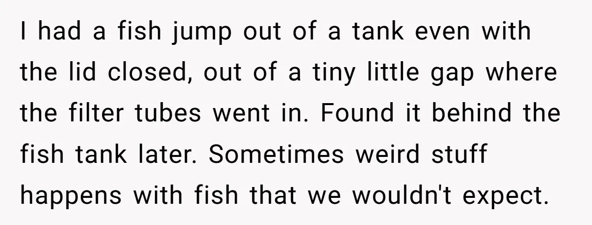I had a fish jump out of a tank even with the lid closed, out of a tiny little gap where the filter tubes went in. Found it behind the...