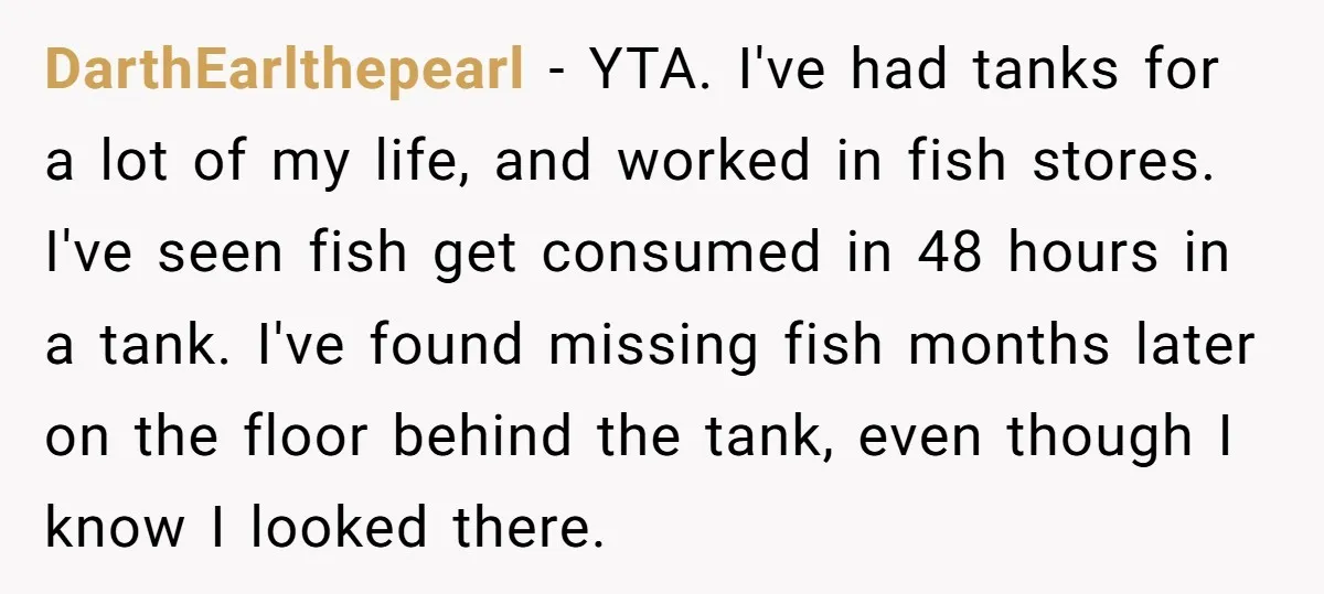 DarthEarlthepearl − YTA. I've had tanks for a lot of my life, and worked in fish stores. I've seen fish get consumed in 48 hours in a tank. I've found...