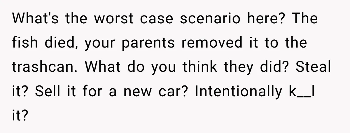 What's the worst case scenario here? The fish died, your parents removed it to the trashcan. What do you think they did? Steal it? Sell it for a new car?...