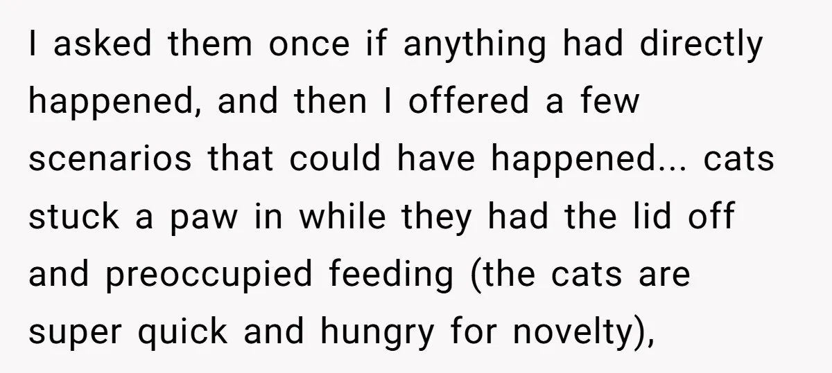 I asked them once if anything had directly happened, and then I offered a few scenarios that could have happened... cats stuck a paw in while they had the lid...