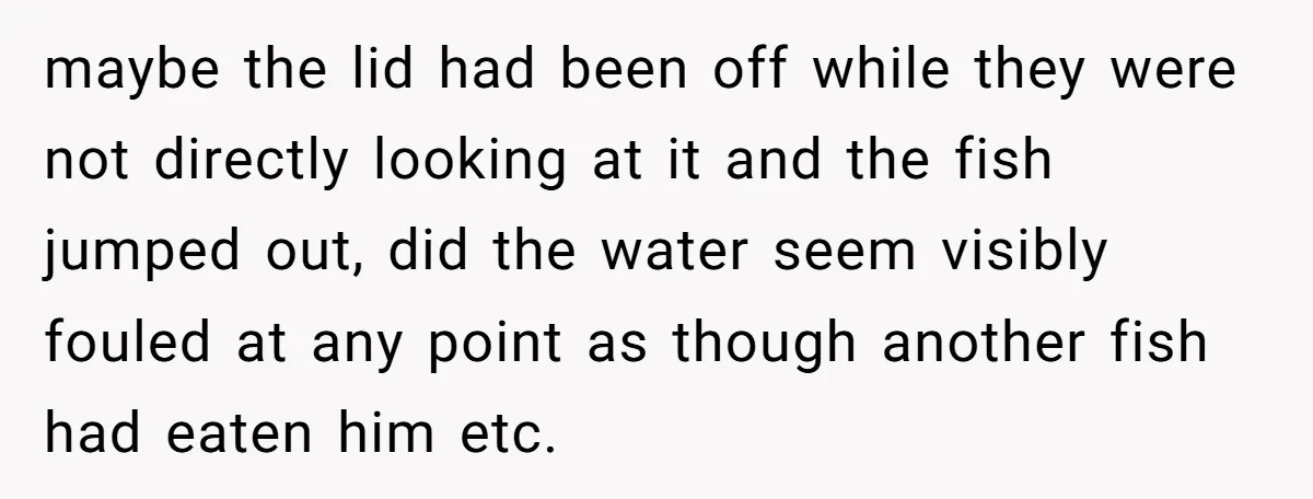 maybe the lid had been off while they were not directly looking at it and the fish jumped out, did the water seem visibly fouled at any point as though...