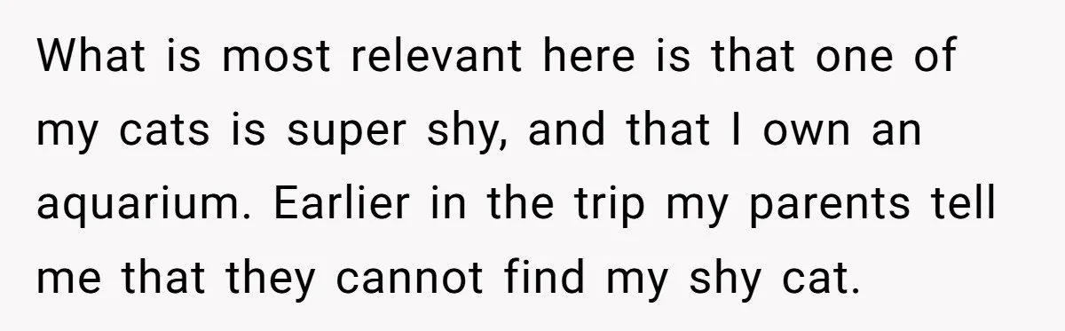 What is most relevant here is that one of my cats is super shy, and that I own an aquarium. Earlier in the trip my parents tell me that they...