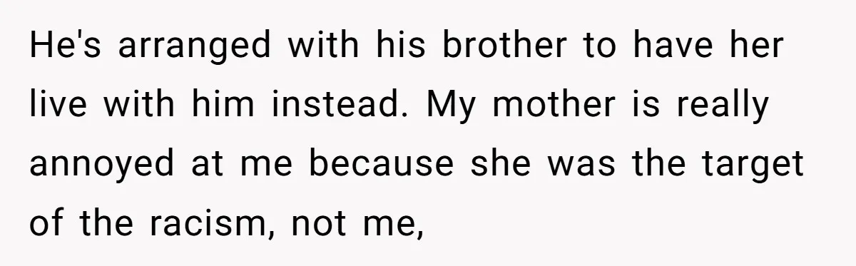 He's arranged with his brother to have her live with him instead. My mother is really annoyed at me because she was the target of the racism, not me,