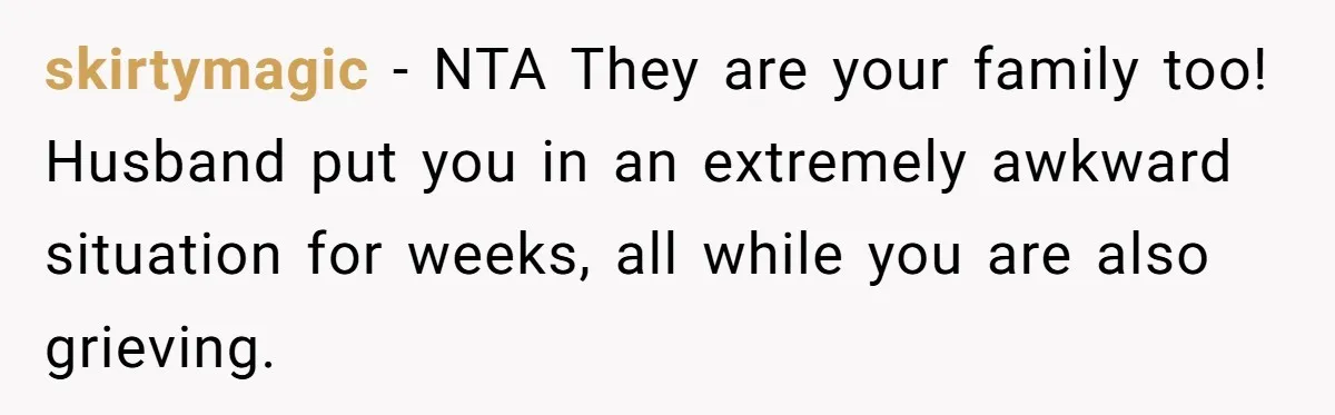 skirtymagic − NTA They are your family too! Husband put you in an extremely awkward situation for weeks, all while you are also grieving.