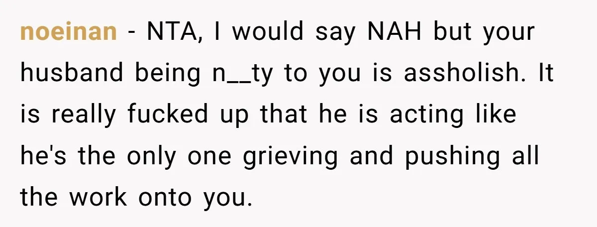 noeinan − NTA, I would say NAH but your husband being n__ty to you is assholish. It is really fucked up that he is acting like he's the only one...