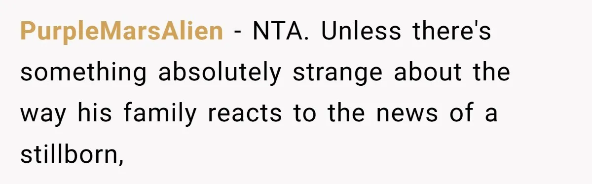 PurpleMarsAlien − NTA. Unless there's something absolutely strange about the way his family reacts to the news of a stillborn,