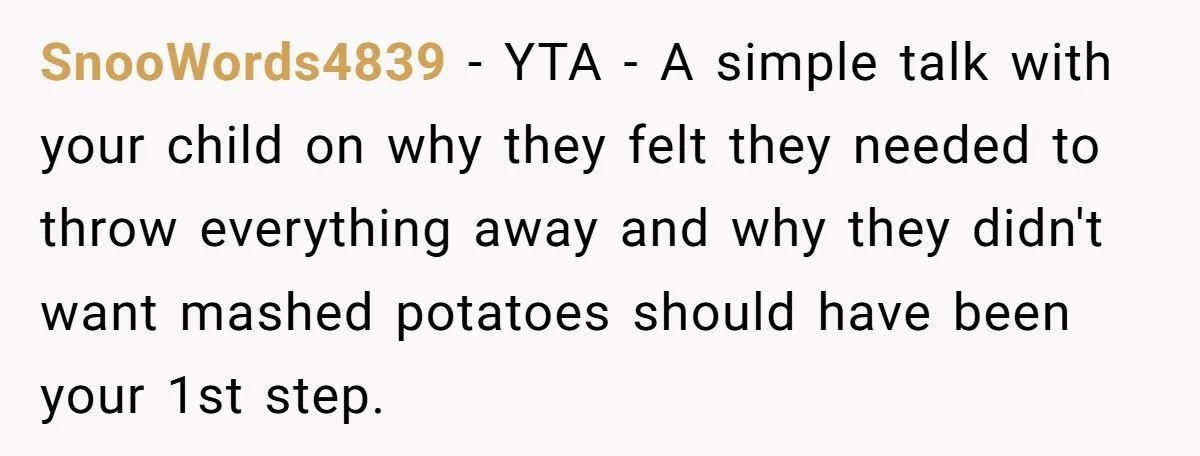 SnooWords4839 − YTA - A simple talk with your child on why they felt they needed to throw everything away and why they didn't want mashed potatoes should have been...