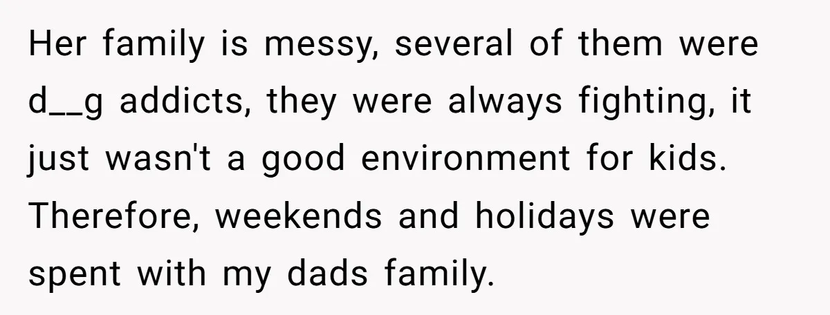 Her family is messy, several of them were d__g addicts, they were always fighting, it just wasn't a good environment for kids. Therefore, weekends and holidays were spent with my...