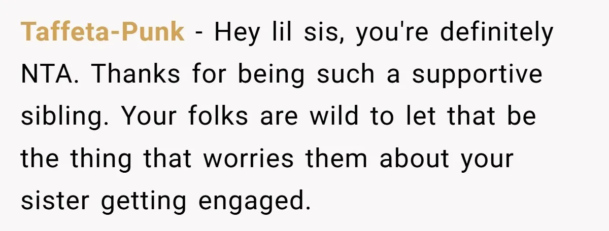 Taffeta-Punk − Hey lil sis, you're definitely NTA. Thanks for being such a supportive sibling. Your folks are wild to let that be the thing that worries them about your...
