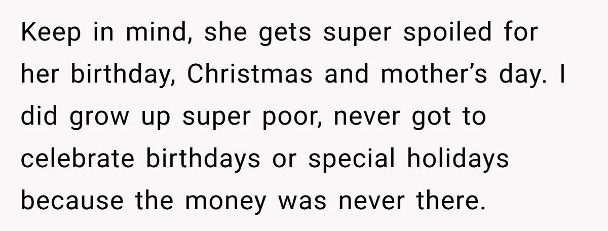 Keep in mind, she gets super spoiled for her birthday, Christmas and mother’s day. I did grow up super poor, never got to celebrate birthdays or special holidays because the...