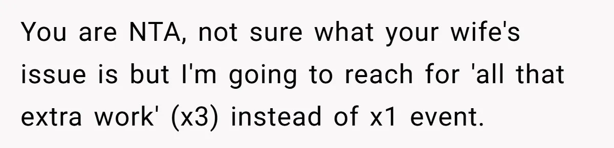 You are NTA, not sure what your wife's issue is but I'm going to reach for 'all that extra work' (x3) instead of x1 event.