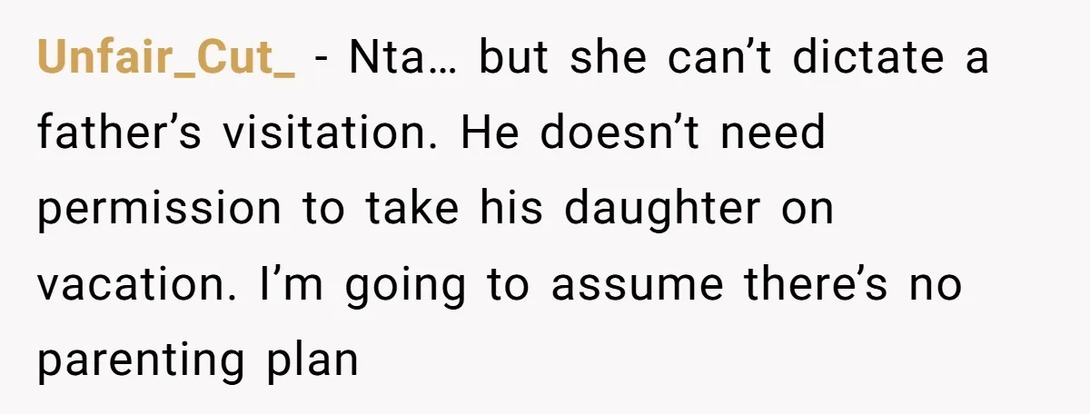 Unfair_Cut_ − Nta… but she can’t dictate a father’s visitation. He doesn’t need permission to take his daughter on vacation. I’m going to assume there’s no parenting plan