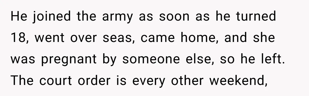 He joined the army as soon as he turned 18, went over seas, came home, and she was pregnant by someone else, so he left. The court order is every...